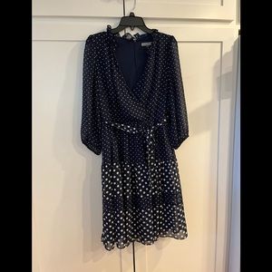 Gorgeous Danny & Nicole sheer lined navy blue and white polka dot dress.
